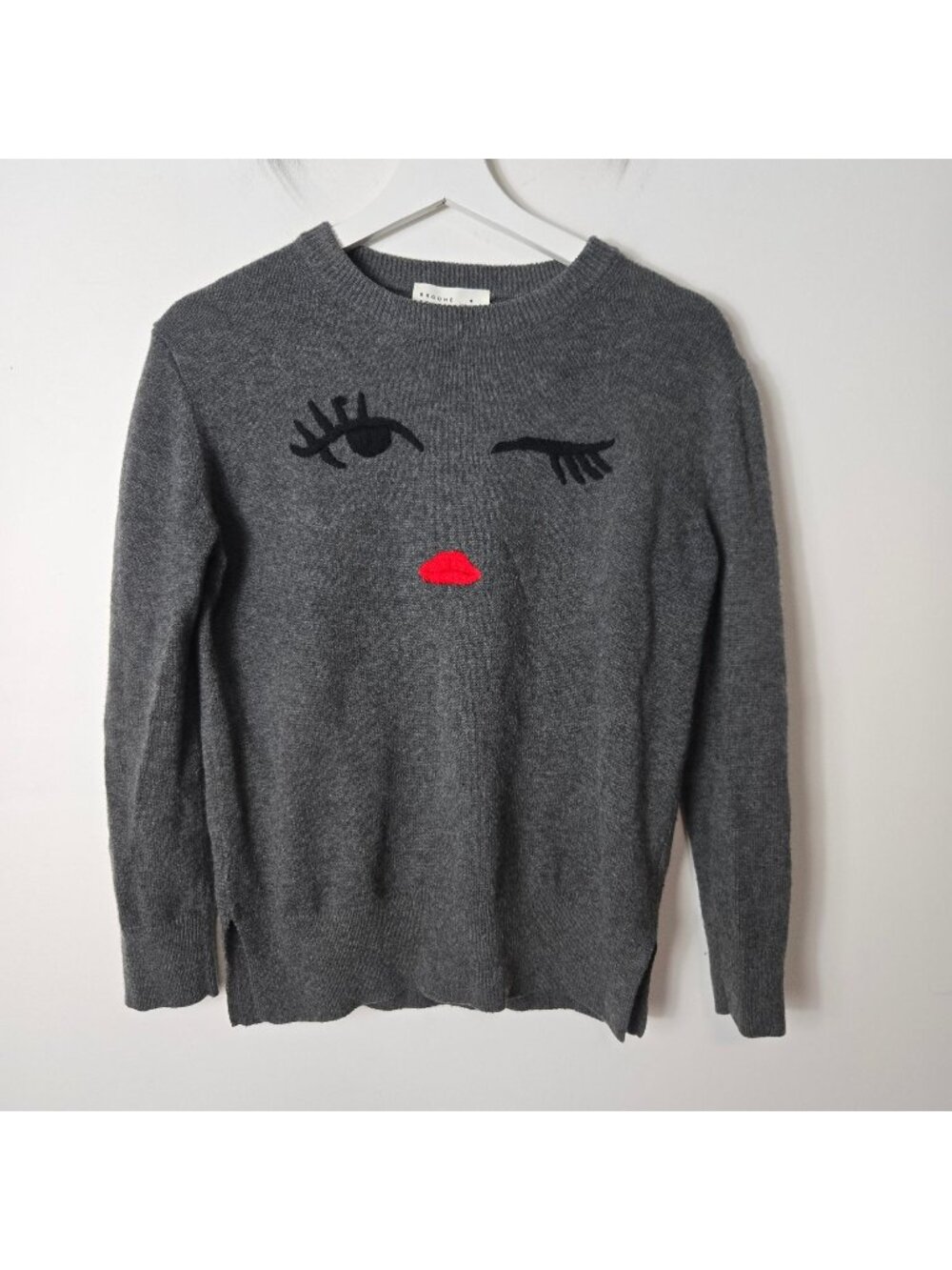 Kate Spade Broome Street Size M Gray Winking Face Wool Blend Crew Neck Sweater